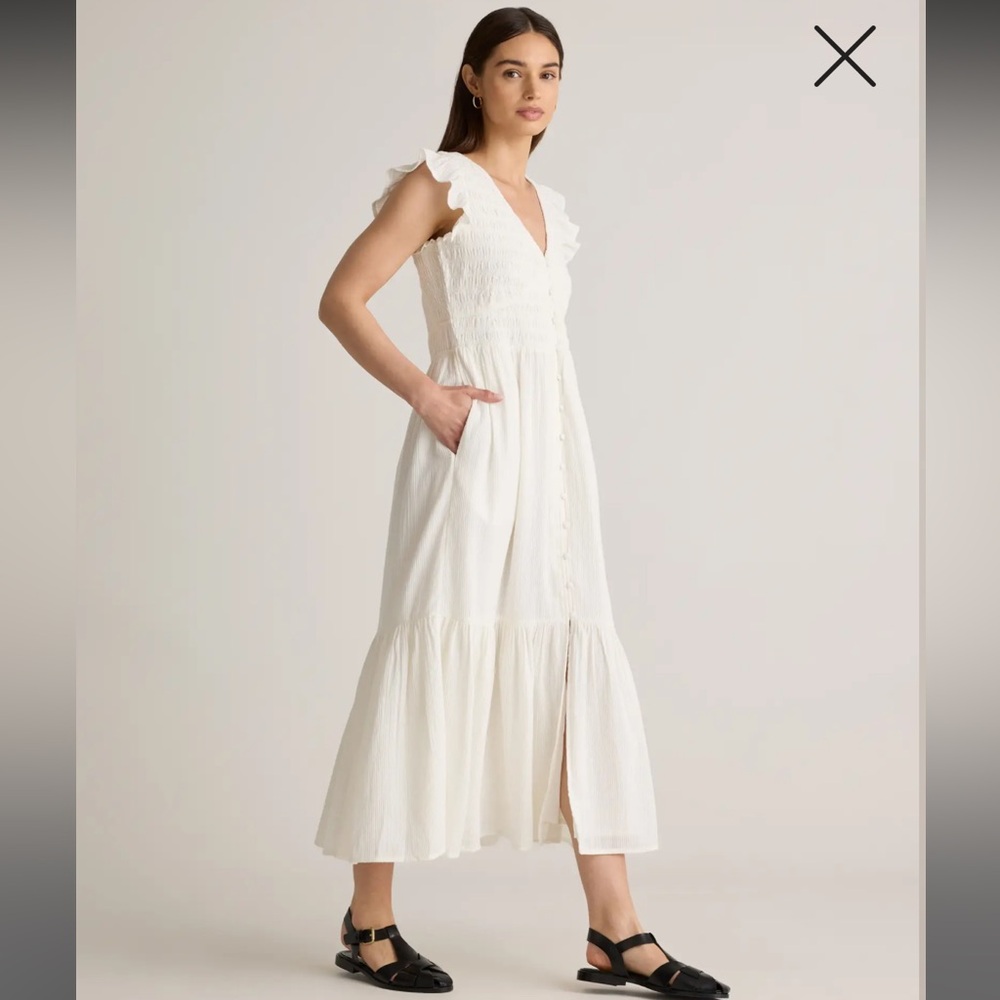 Quince Organic Textured Cotton Smocked V-Neck Midi Elegant White Ruffle Dress